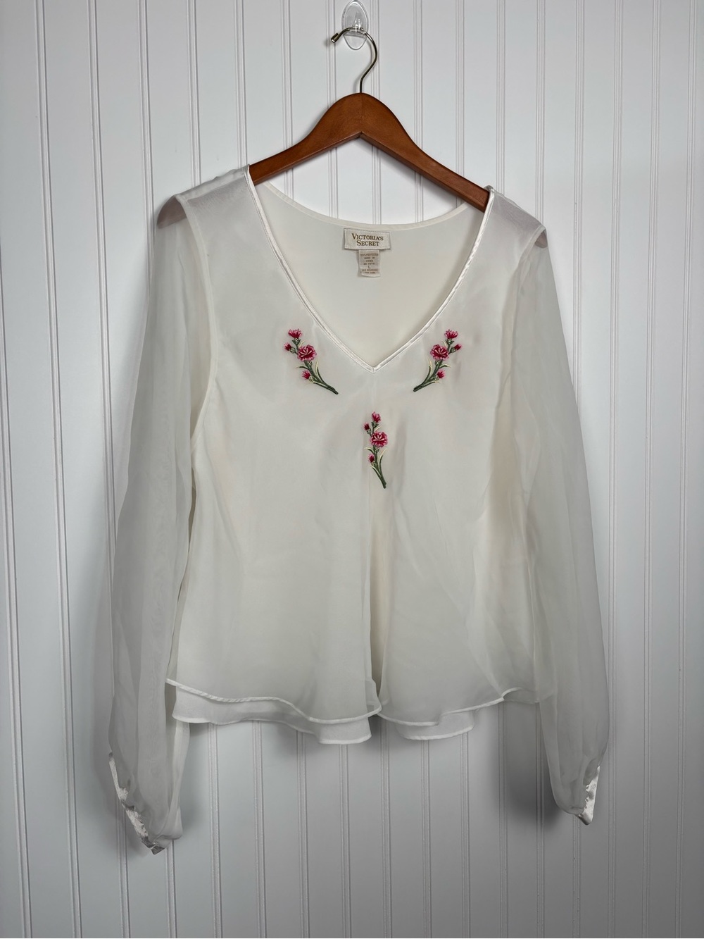 VTG Victoria’s Secret Long Sleeve Lined White Chiffon Blouse Floral Embroider L - Picture 3 of 8